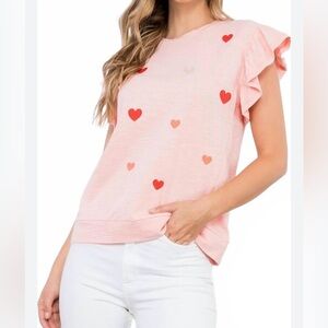 ♥️ THML Ruffled Sleeve Embroidered Hearts Top